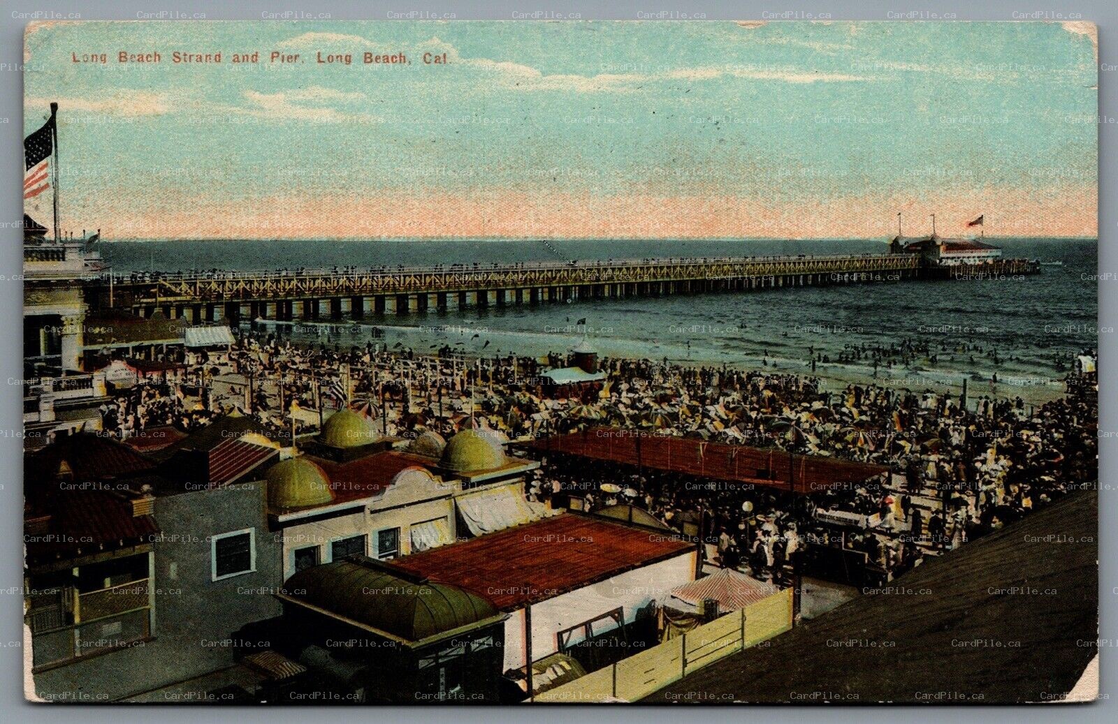 Postcard Long Beach CA c1911 Long Beach Stand and Pier Bathers American Flag