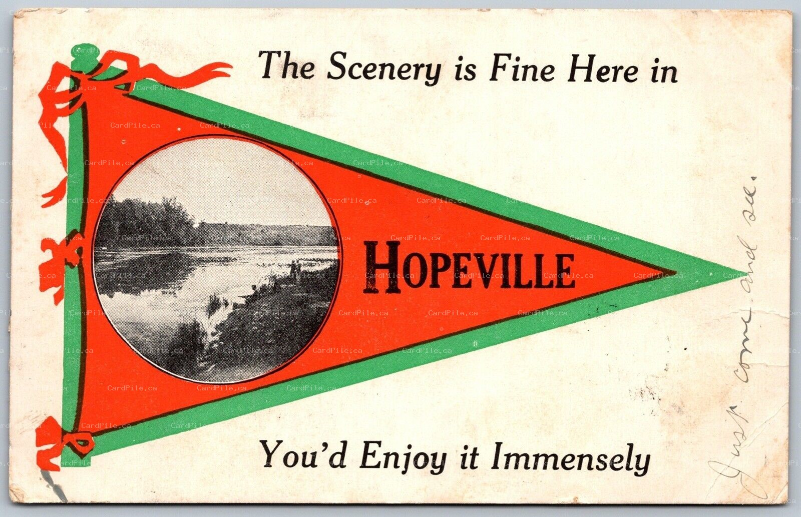 Postcard Hopeville Ontario c1913 Pennant The Scenery Is Fine Here Split Ring
