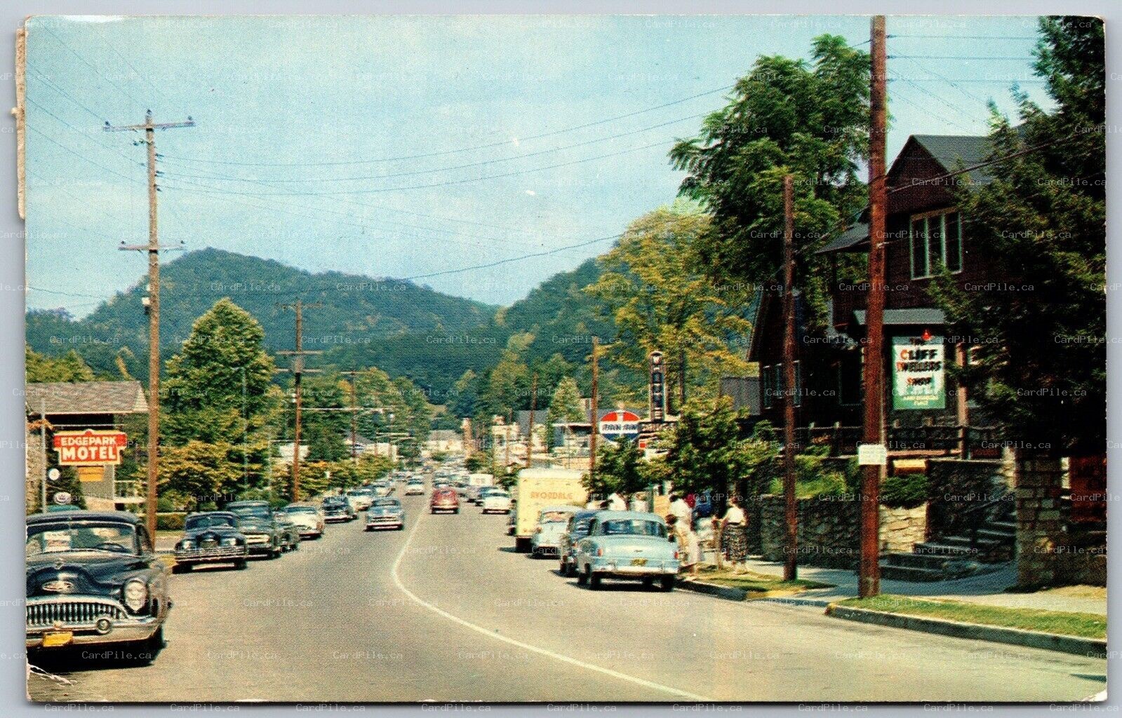 Postcard Gatlinburg Tennessee c1955 Street Scene Old Cars Signs Motel Sevier Co.
