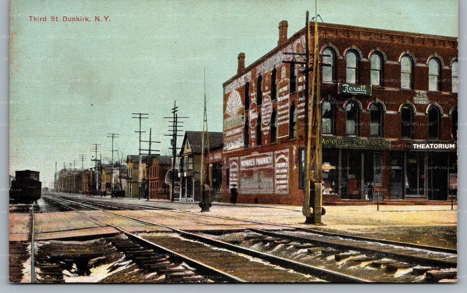 Postcard Dunkirk NYc1907 Thrid Street Railroad Tracks Stores Chautauqua County