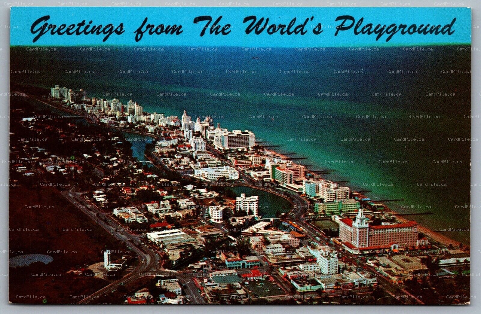 Postcard Miami Beach FL c1970s Greetings from the Worlds Playground Aerial View