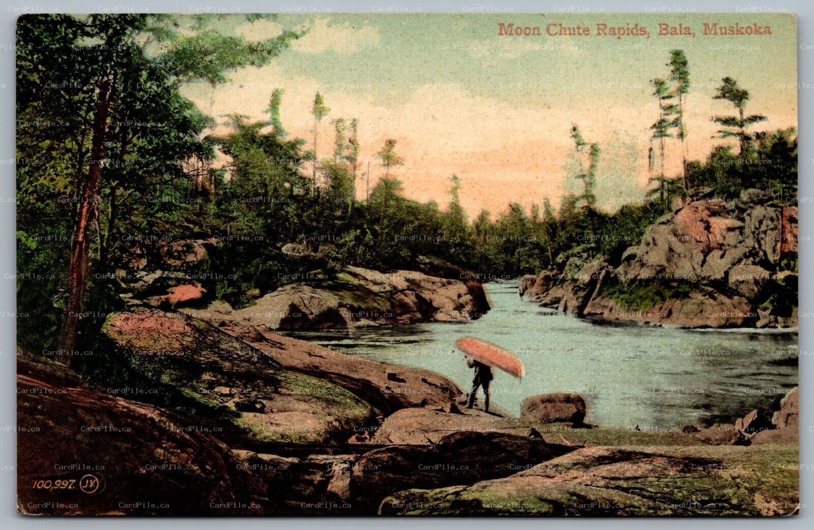 Postcard Bala Ontario 1907 Muskoka Moon Chute Rapids Portaging Split Ring Cancel