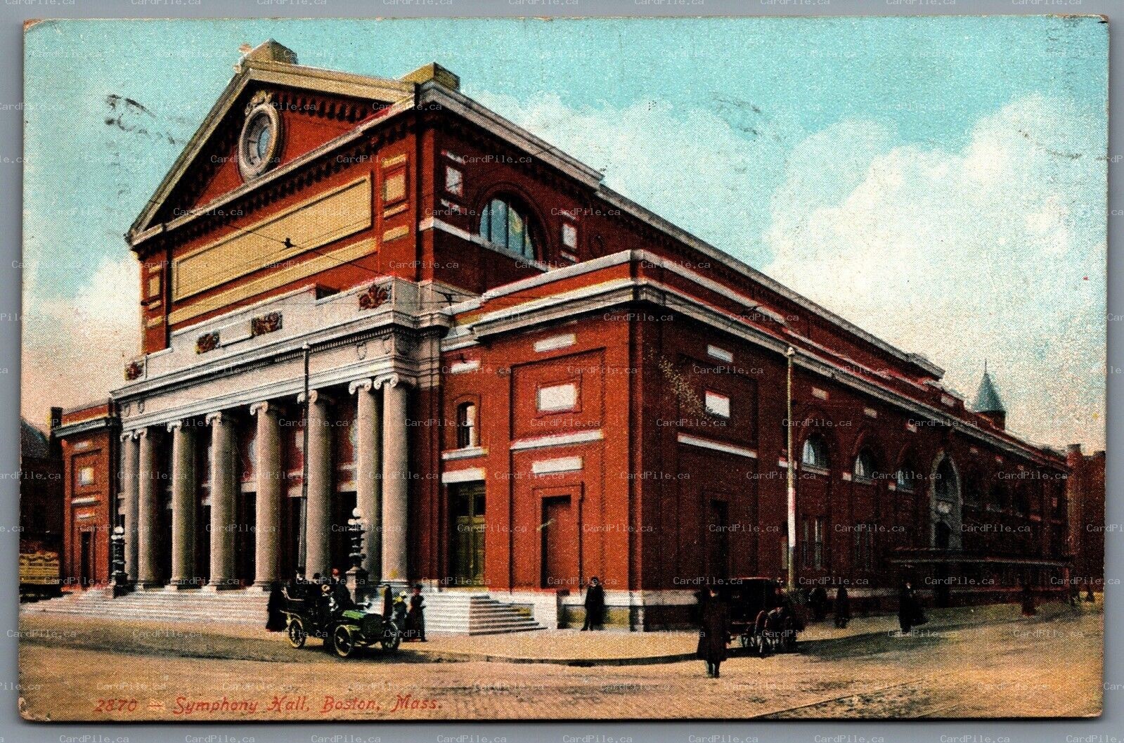 Postcard Boston MA c1907 Symphony Hall Old Cars CDS Flag Cancel East Boston Str