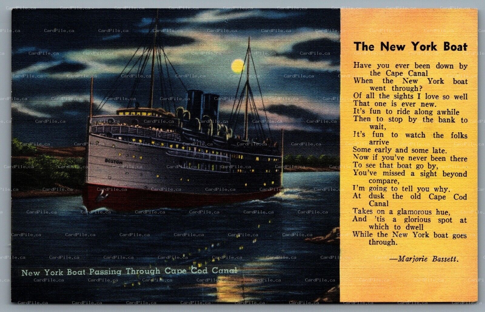 Postcard Cape Cod MA c1940s New York Boat Poem Marjorie Bassett Night View