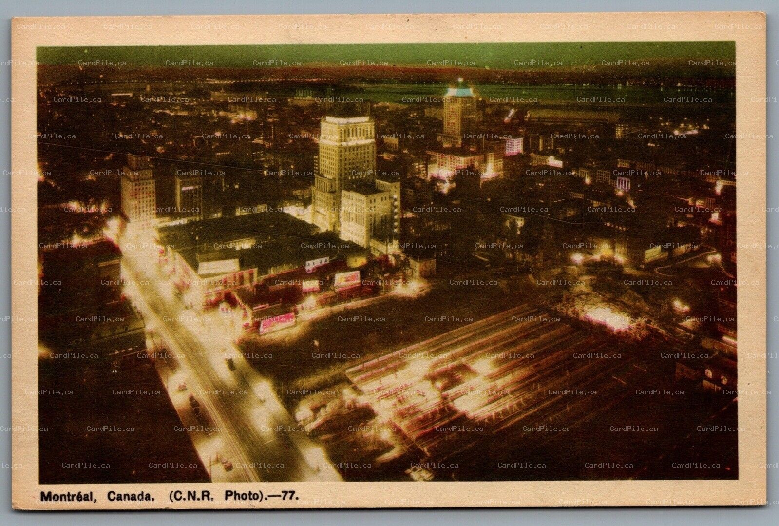 Postcard Montreal Quebec c1940s Aerial Night View C.N.R. Photo