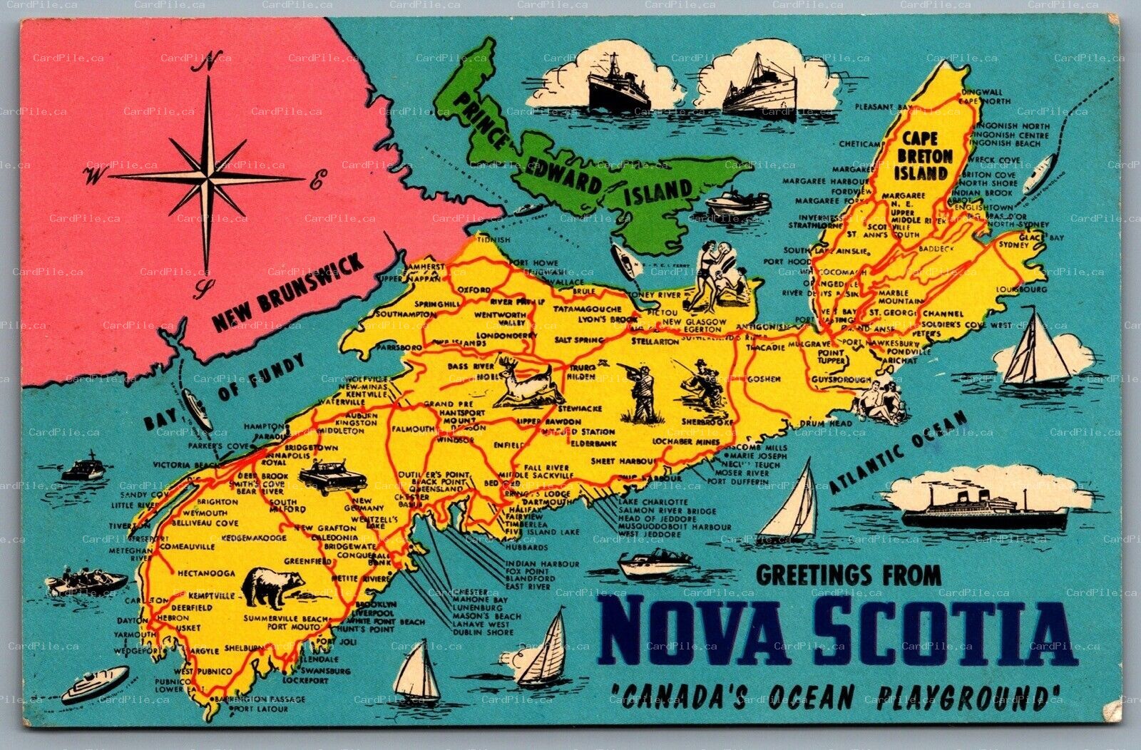 Postcard c1960s Greetings From Nova Scotia Map View Canada's Ocean Playground
