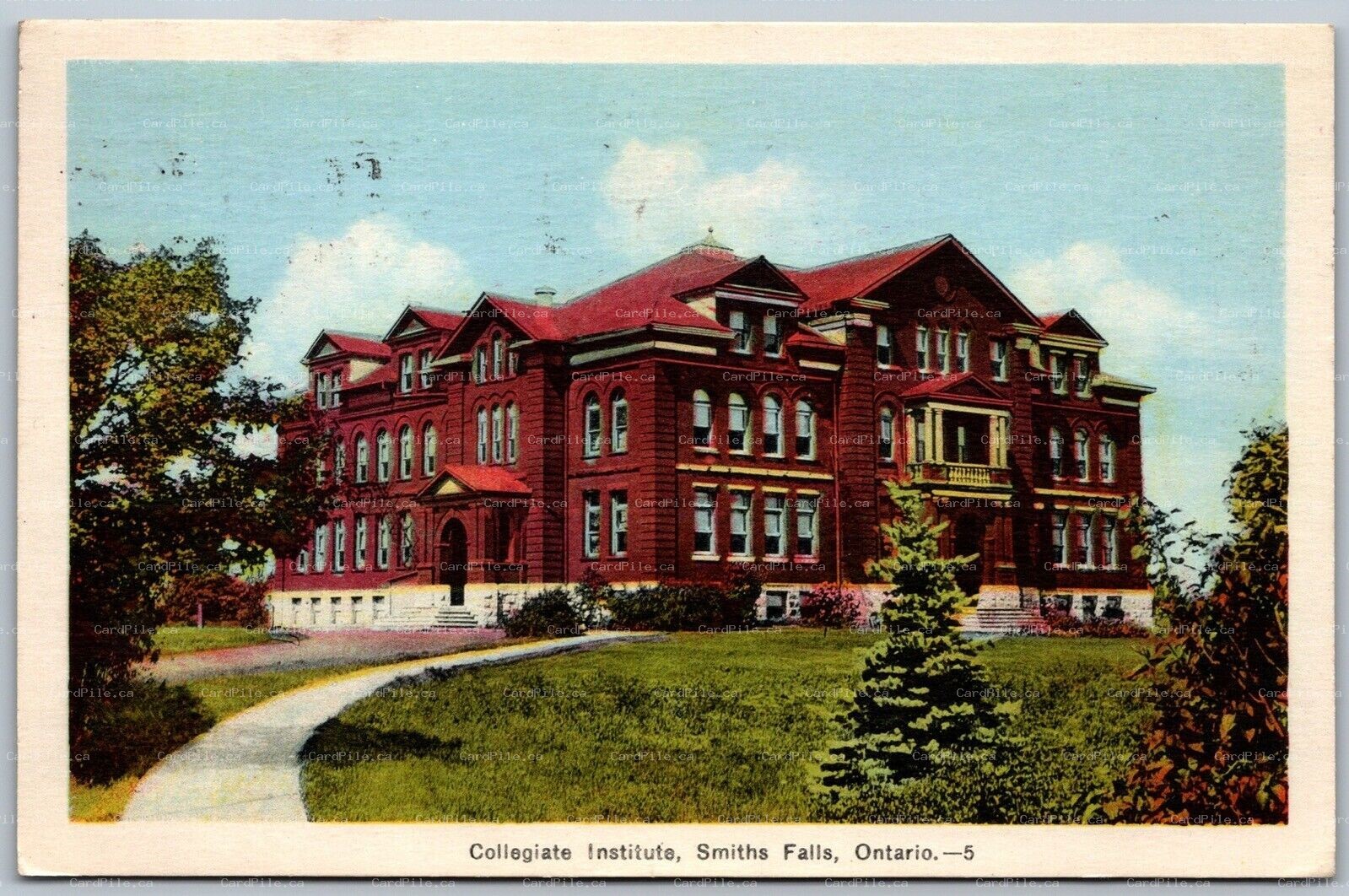 Postcard Smiths Falls ONT c1938 Collegiate Institute Lanark County Slogan Cancel