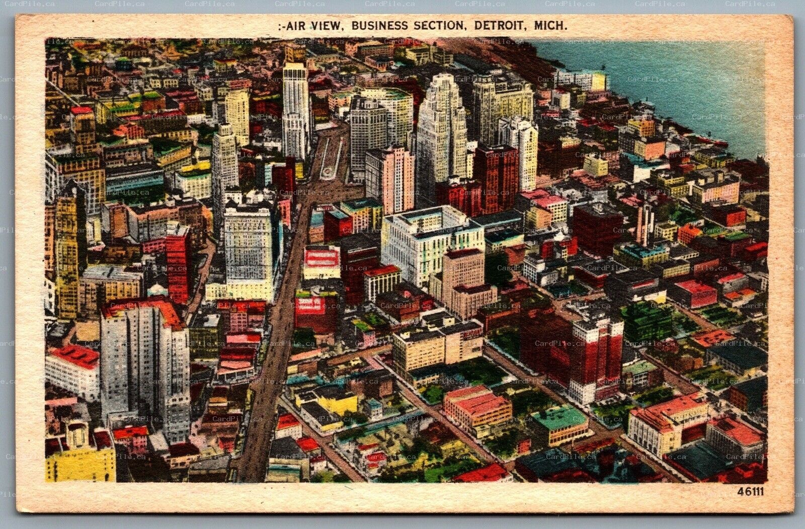 Postcard Detroit Michigan c1940s Air View Business Section Unused