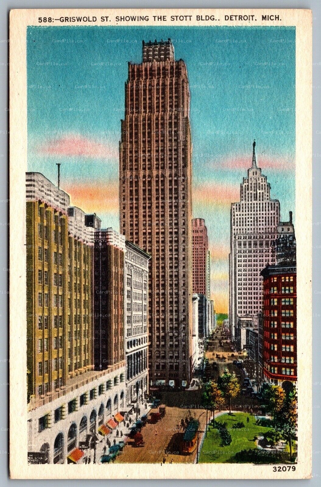 Postcard Detroit Michigan c1940s Griswold St. Showing The Stott Building Unused 