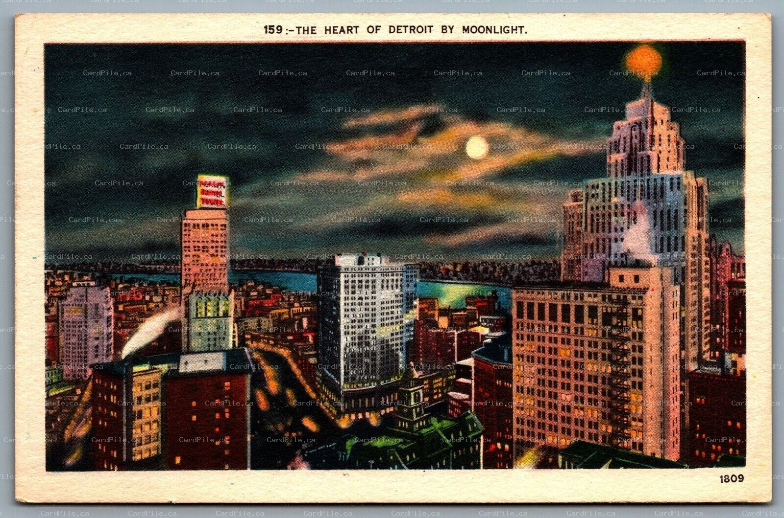 Postcard Detroit Michigan c1940s The Heart of Detroit by Moonlight Unused