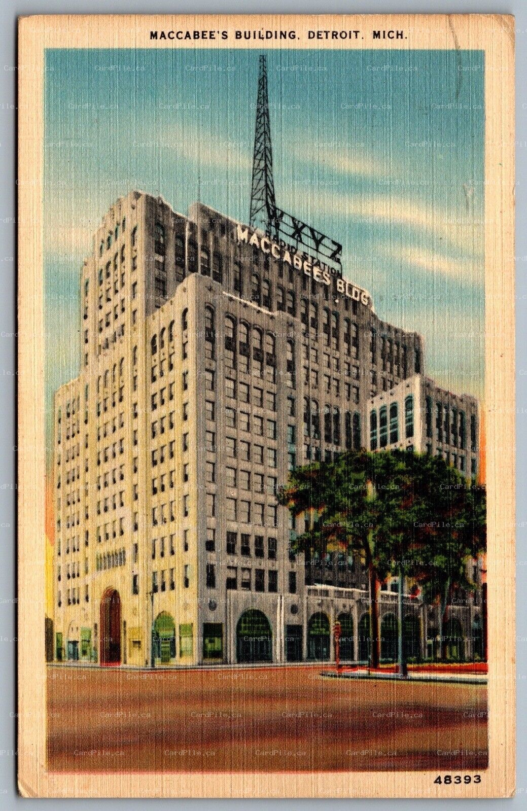 Postcard Detroit Michigan c1945 Maccabee’s Building Fraternal Wayne Tower