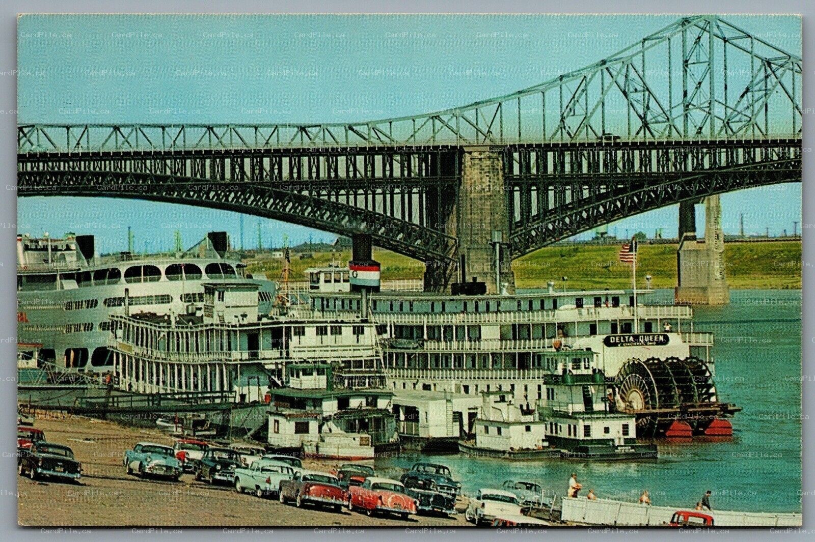 Postcard St. Louis MO c1960s Steamboats on Riverfront Mississippi Levee Old Cars