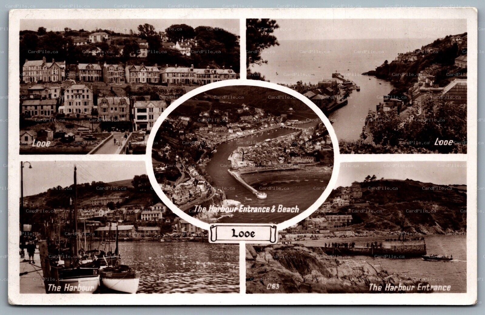 Postcard Looe Cornwall UK c1930s The Harbour Entrance & Beach Multi View RPPC