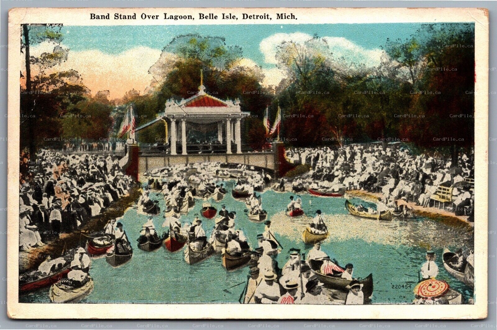 Postcard Belle Isle Detroit MI Band Stand over Lagoon People in Canoes Canal