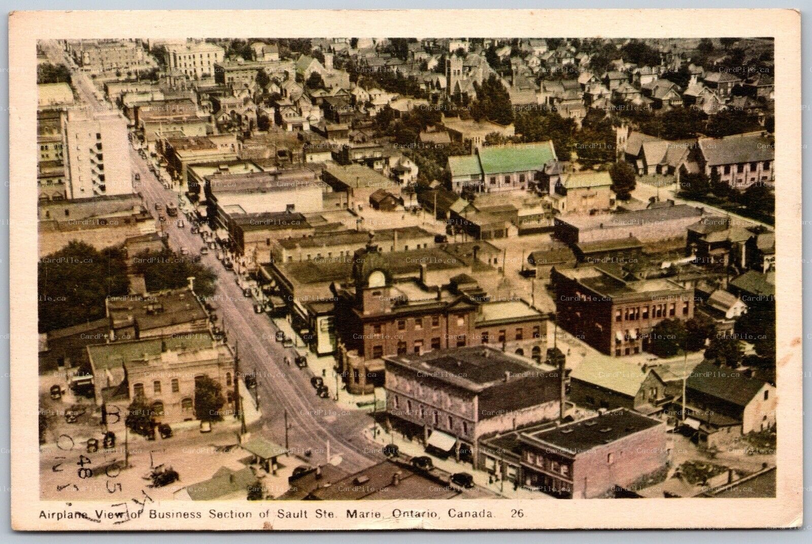 Postcard Sault Ste. Marie ONT c1948 Airplane View Business Section Split Ring
