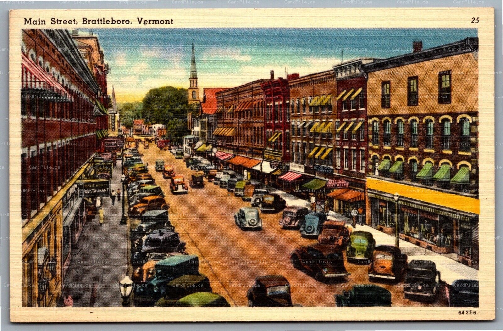 Postcard Brattleboro VT c1940s Main Street View Old Cars Linen