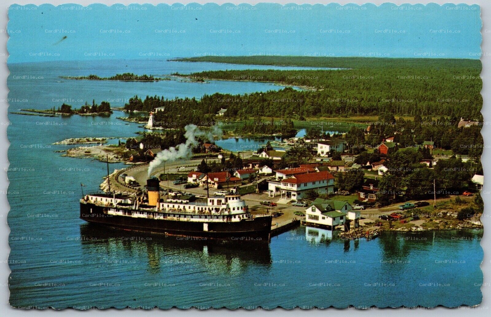 Postcard South Bay Mouth Ontario c1960s Aerial View S.S. Norisle at Dock