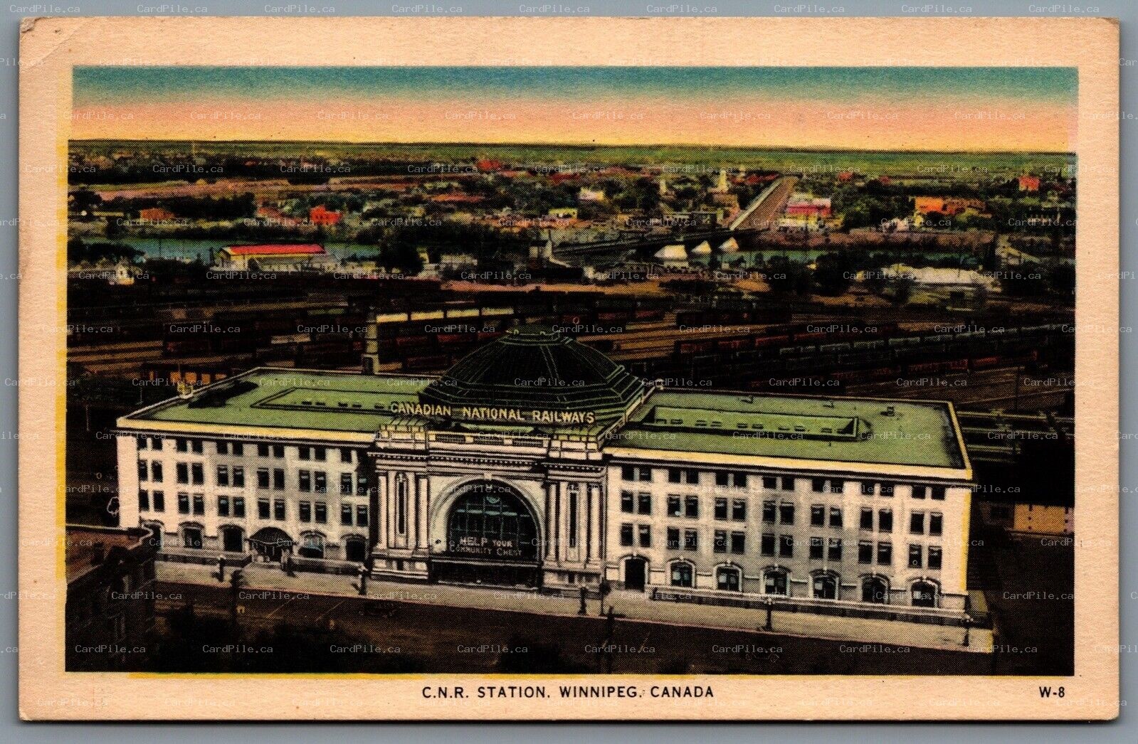 Postcard Winnipeg Manitoba c1930s C.N.R. Railroad Station Birds Eye View
