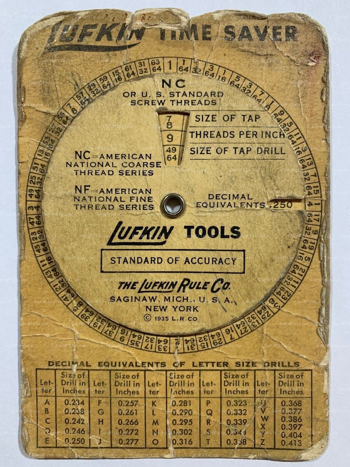 VINTAGE 1935 Lufkin Rule Co Time Saver Standard Screw Threads Decimal Equivalent