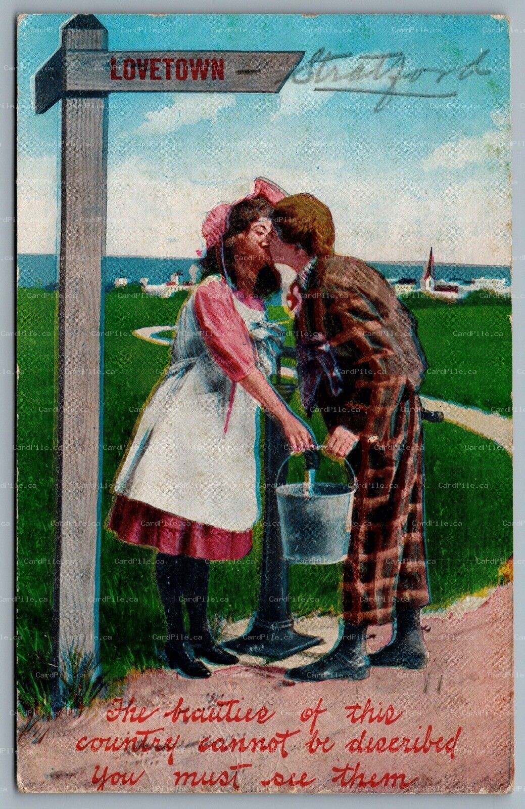 Postcard c1909 Lovetown Sign Posts Couple Kissing CDS Machine Cancel Stratford
