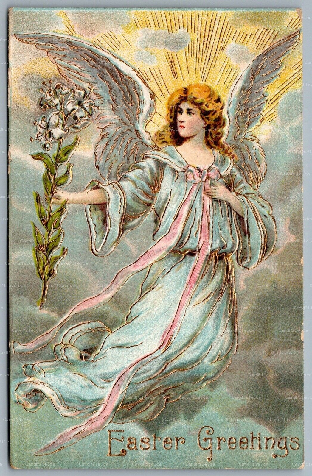 Postcard c1910 Easter Greetings Embossed Angel Split Ring Cancel
