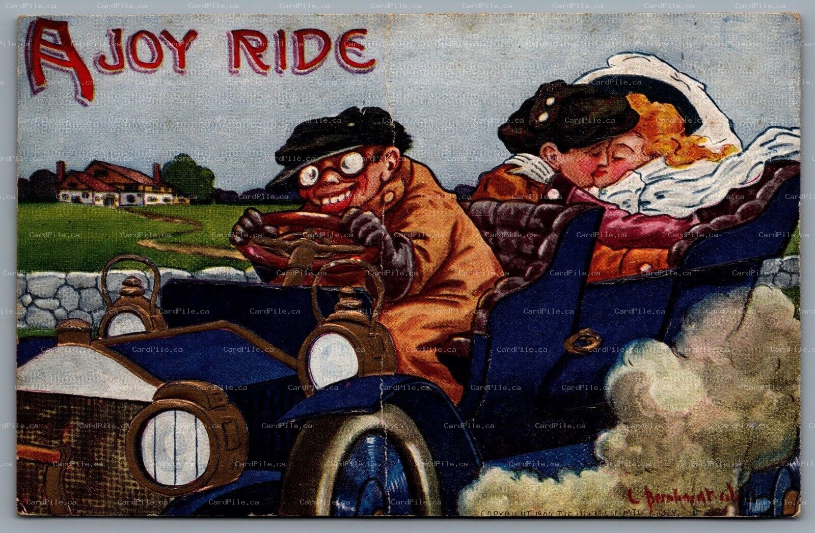 Postcard c1909 A Joy Ride Arist Signed Bernhardt Wall CDS Machine Cancel Toronto