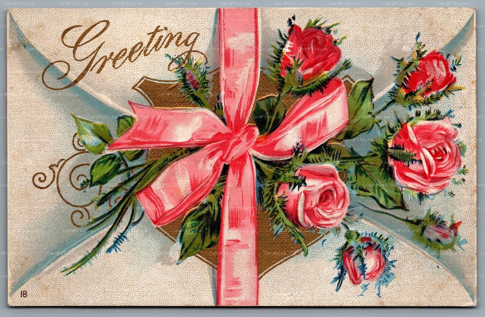 Postcard c1910s Christmas Xmas Greetings Embossed Roses with Bow 