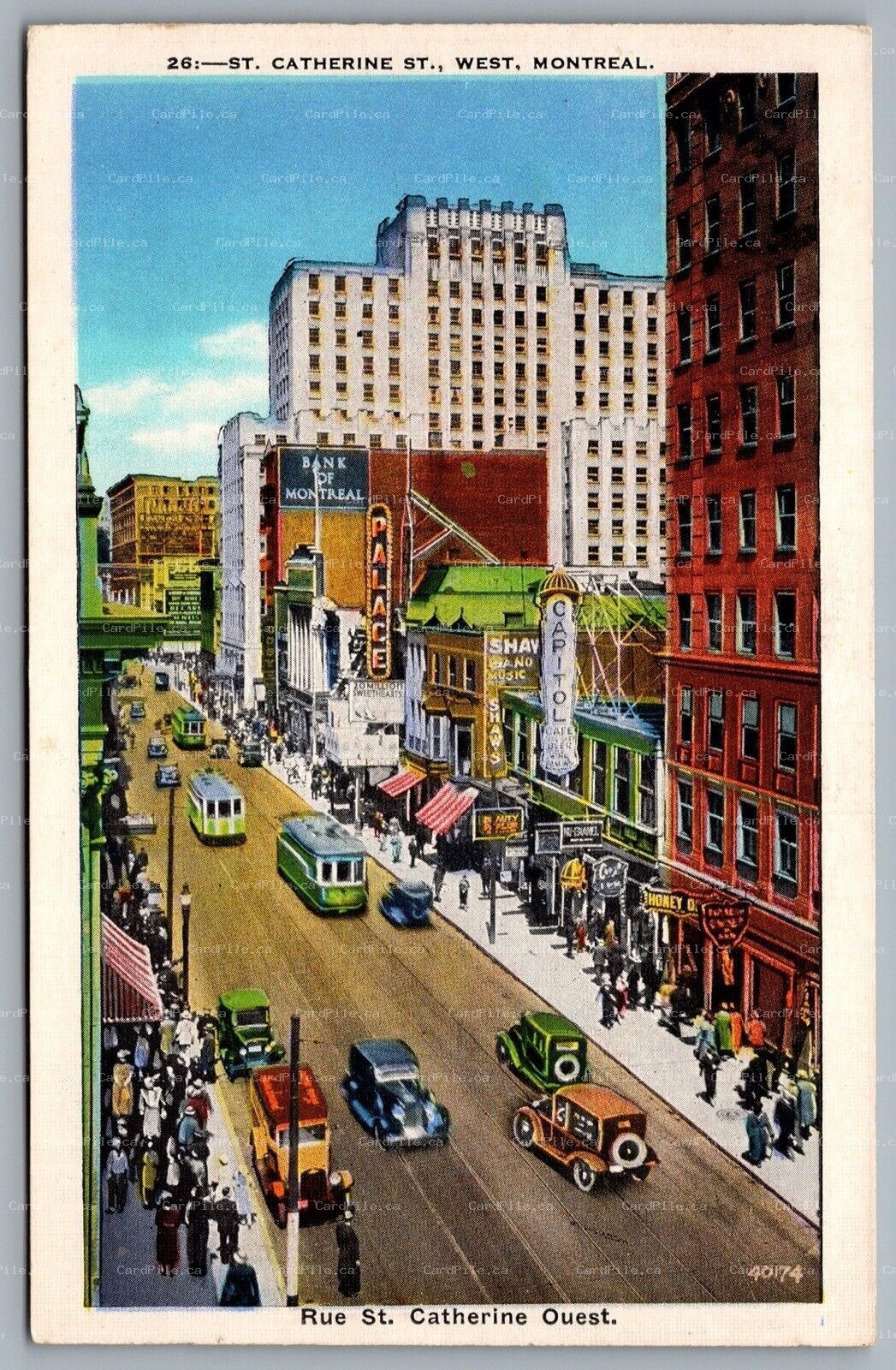 Postcard Montreal Quebec c1920s Rue St. Catherine Trams Shops Old Cars 