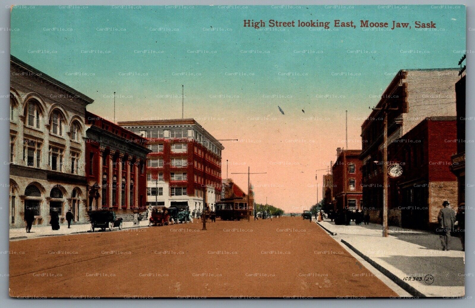 Postcard Moose Jaw Saskatchewan c1910s High Street Looking East Trolley Car