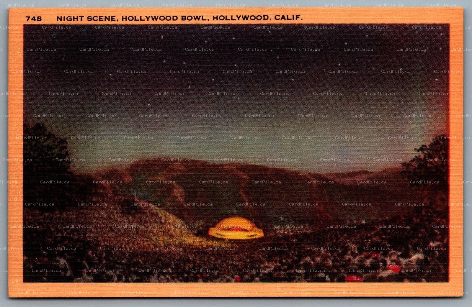 Postcard Hollywood CA c1940s Night Scene Hollywood Bowl Amphitheatre Unused