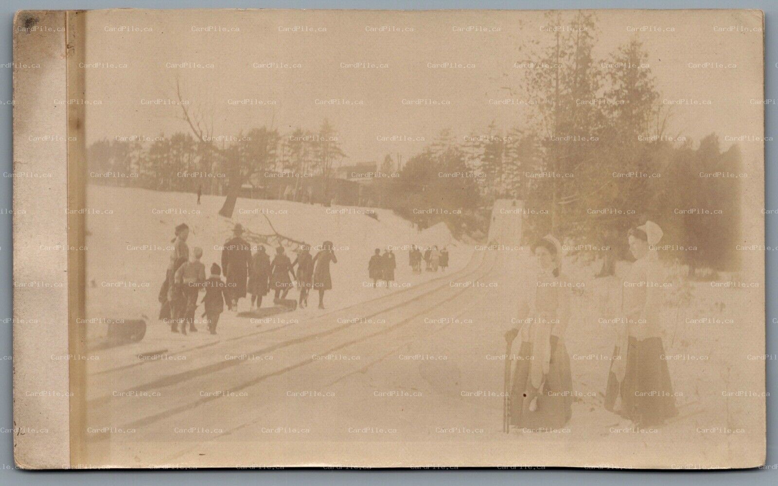Postcard RPPC c1910 Kenmore ONT Tobogan Hill Kids Riding Down Hill Winter Scene