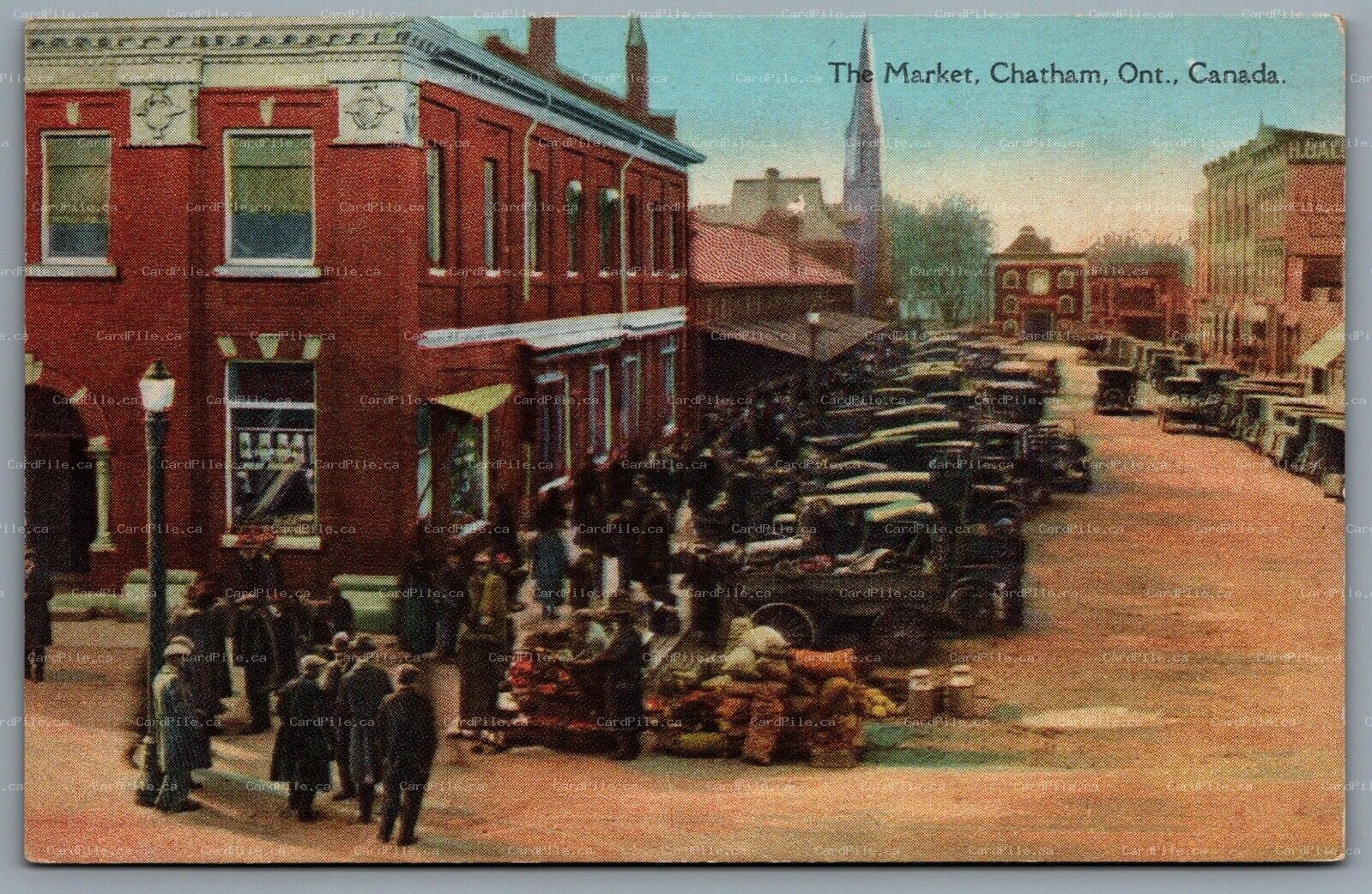 Postcard Chatham Ontario c1941 The Market Produce Old Cars CDS Cancels Morpeth