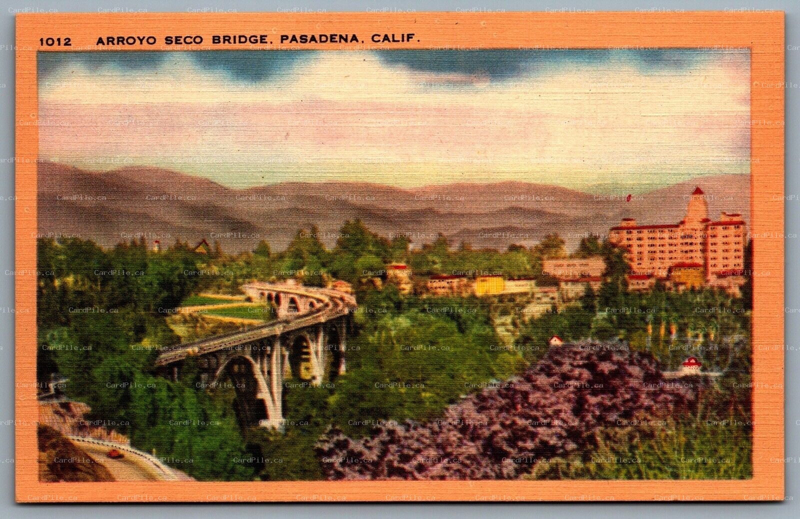 Postcard Pasadena CA c1940s Arroyo Seco Colorado Street Bridge Unsed Linen