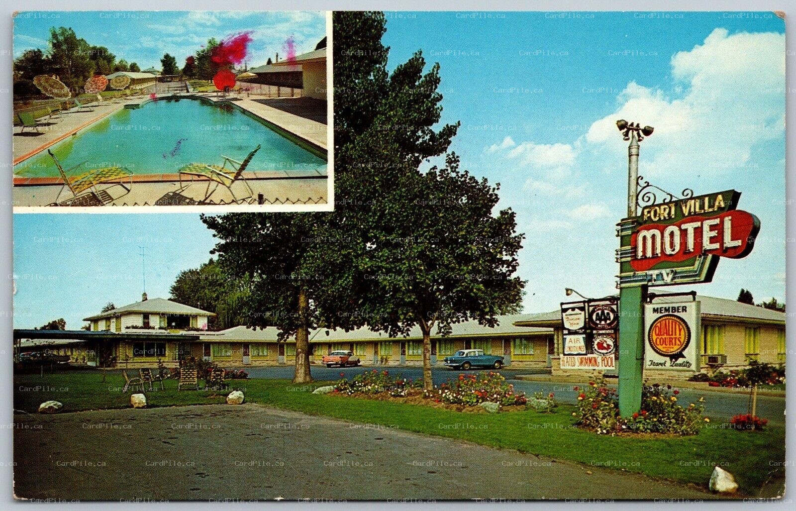 Postcard Fort Erie Ontario c1960s Fort Villa Motel Dual View Swimming Pool Cars