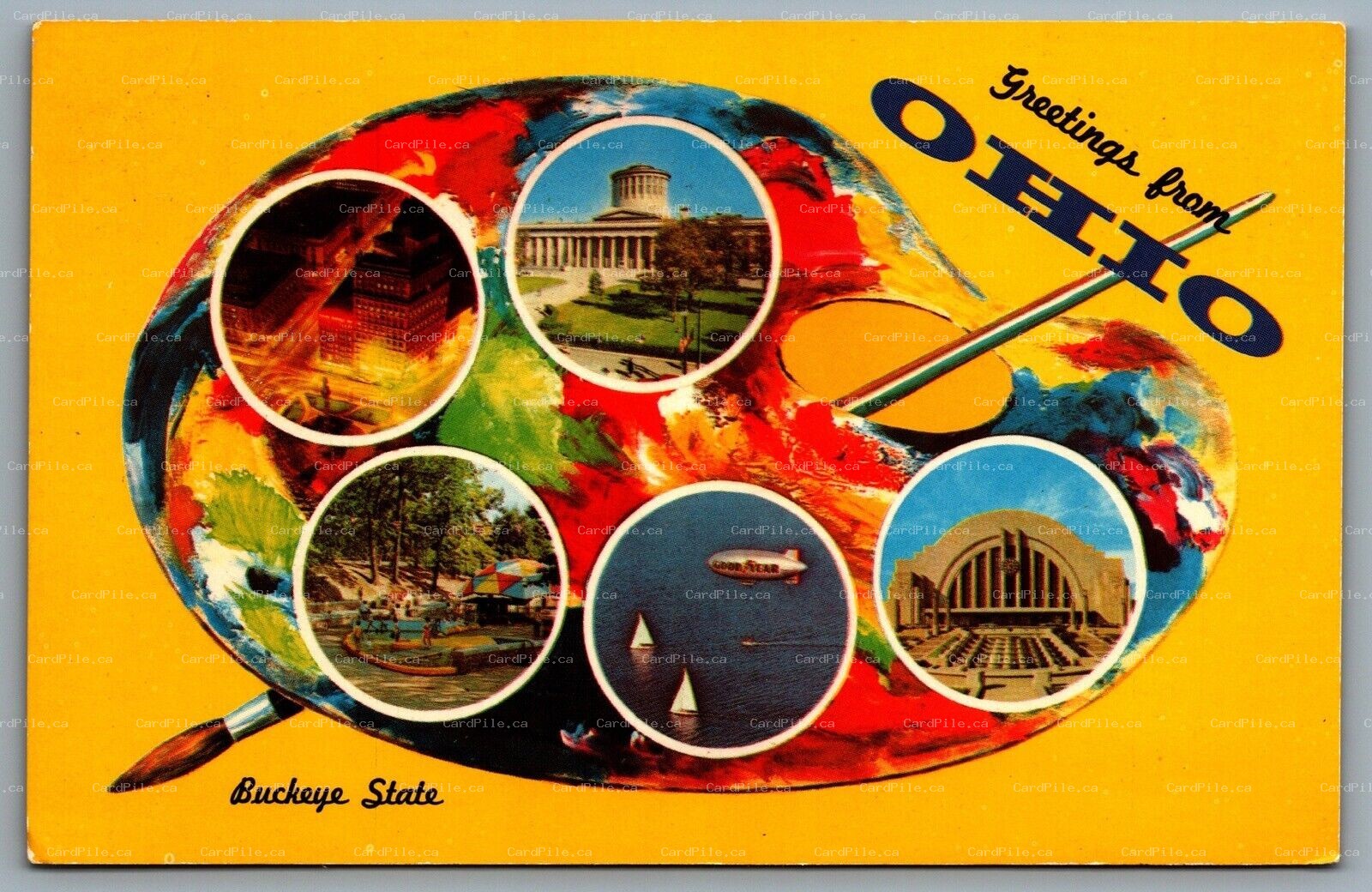 Postcard Ohio 1963 Greetings From Ohio Multi View Artists Palette Goodyear Blimp
