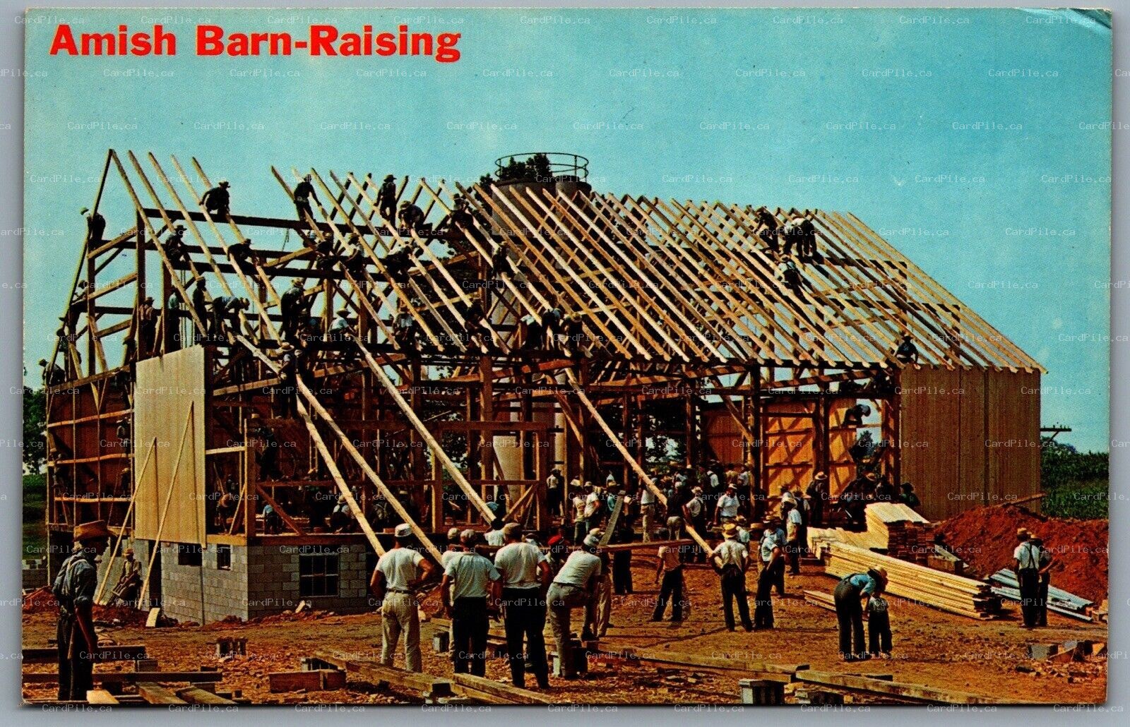 Postcard Pennsylvania c1960s Greetings From The Amish Country Barn Raising
