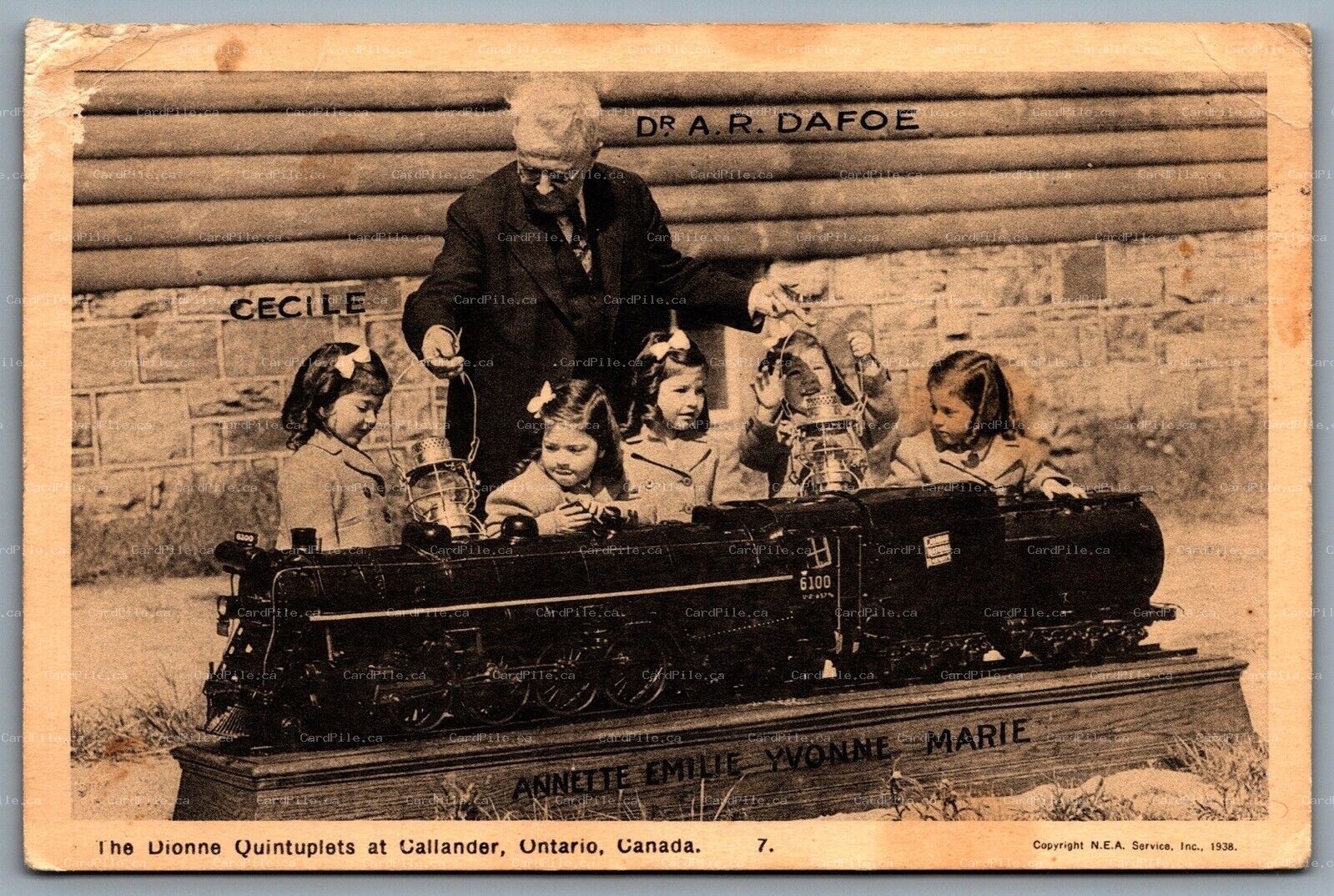 Postcard Callendar ONT c1938 Dionne Quintuplets Dr. Dafoe CPR 6100 Locomotive