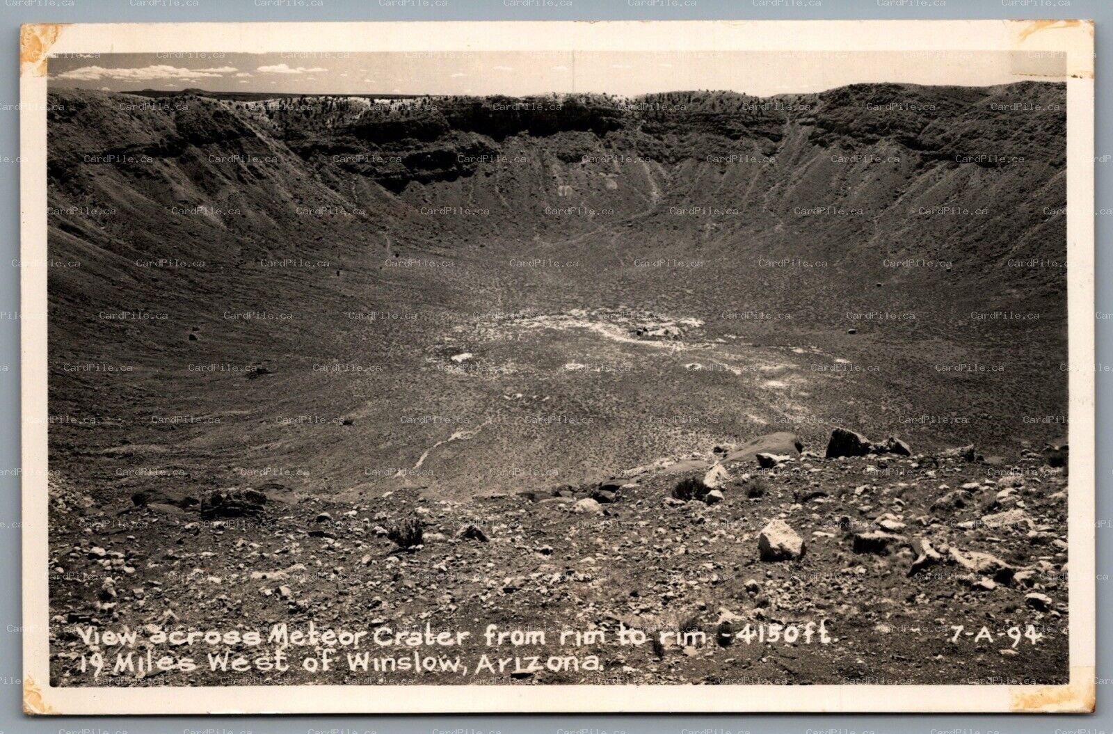 Postcard RPPC c1940s Winslow AZ View Across Meteor Crater Rim To Rim 4150 Feet