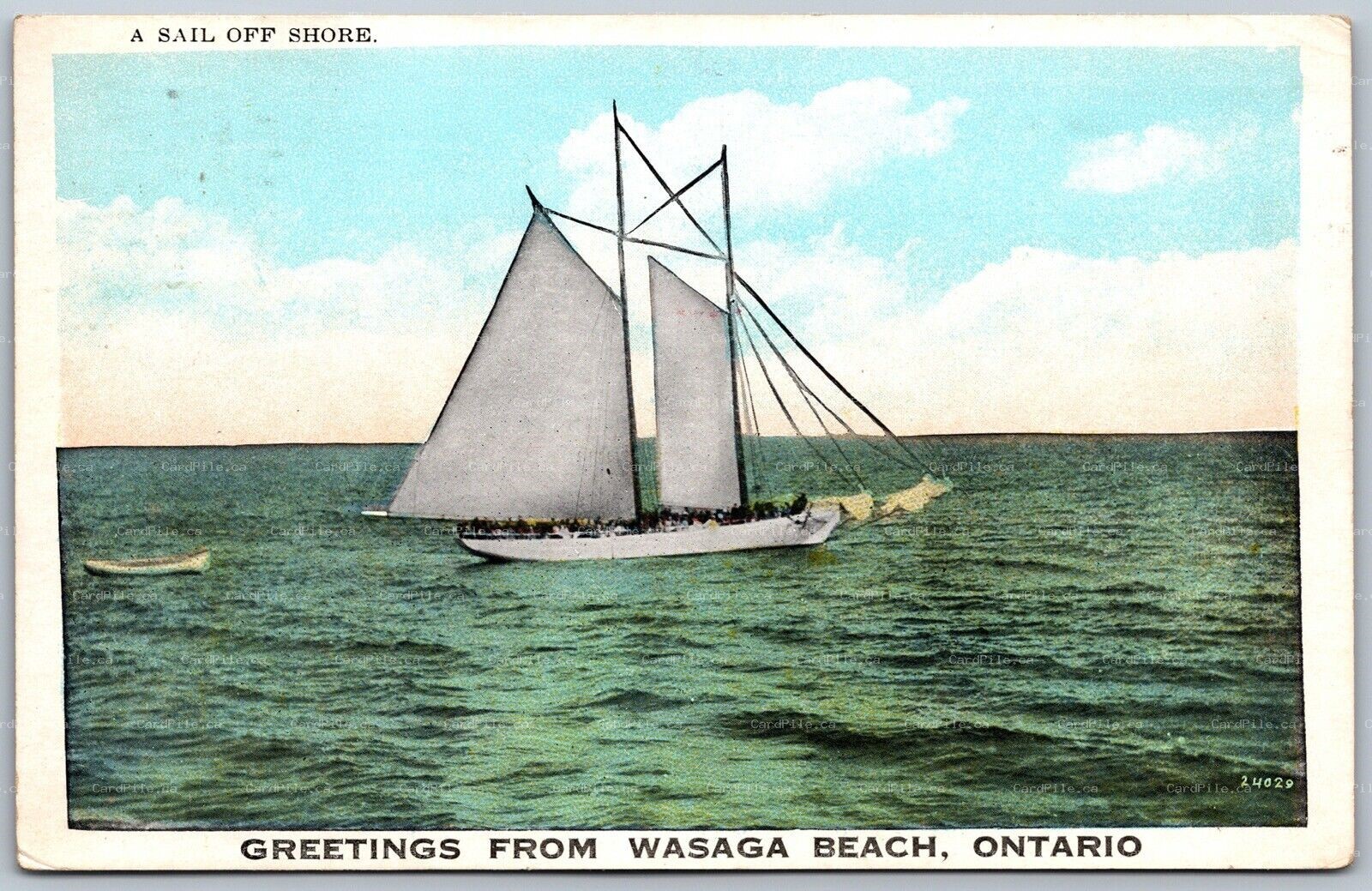 Postcard c1940s Greetings From Wasaga Beach Ontario Sailboat A Sail Off Shore