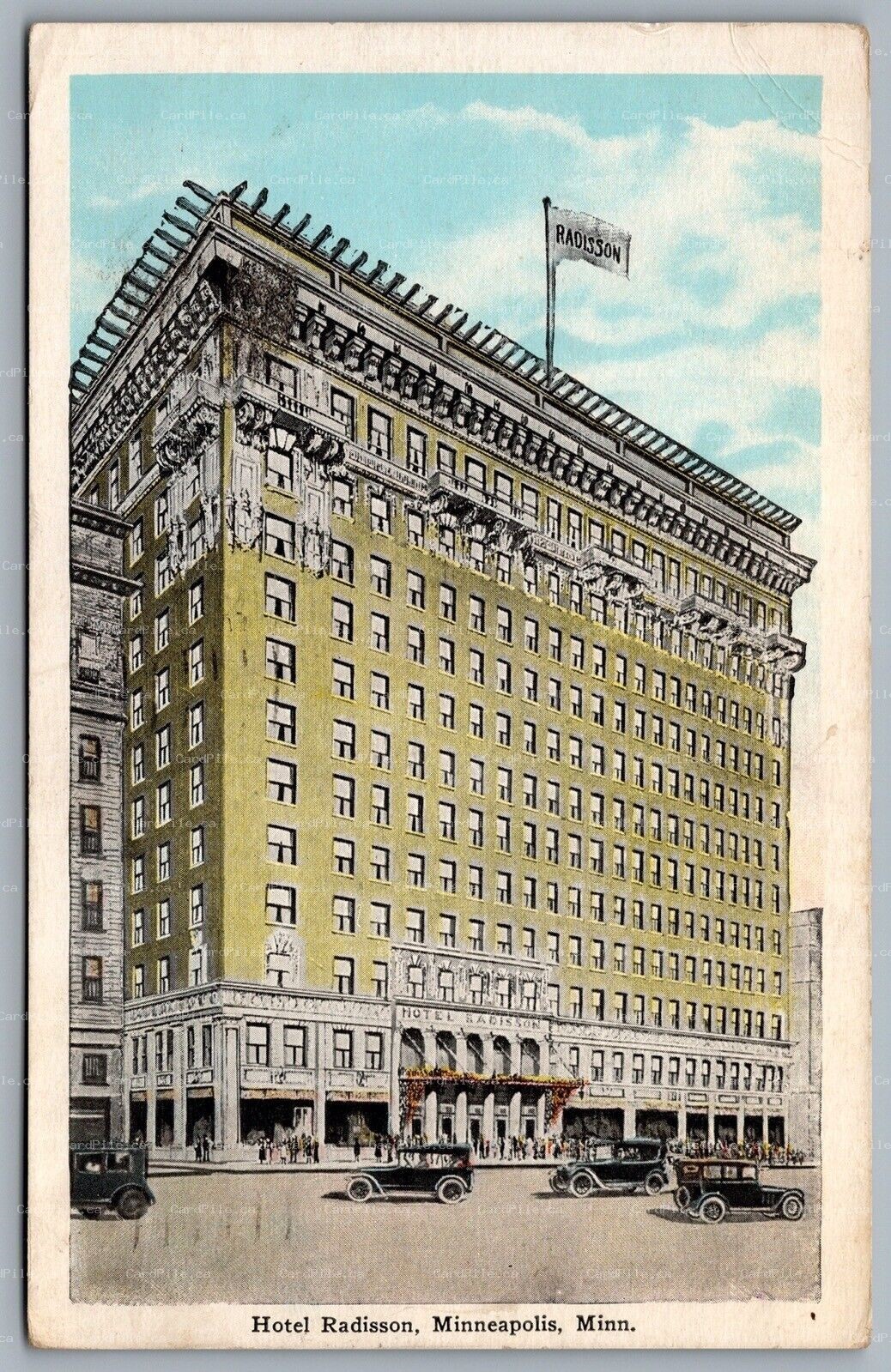 Postcard Minneapolis MN c1932 Hotel Radisson Old Cars Demolished 1982