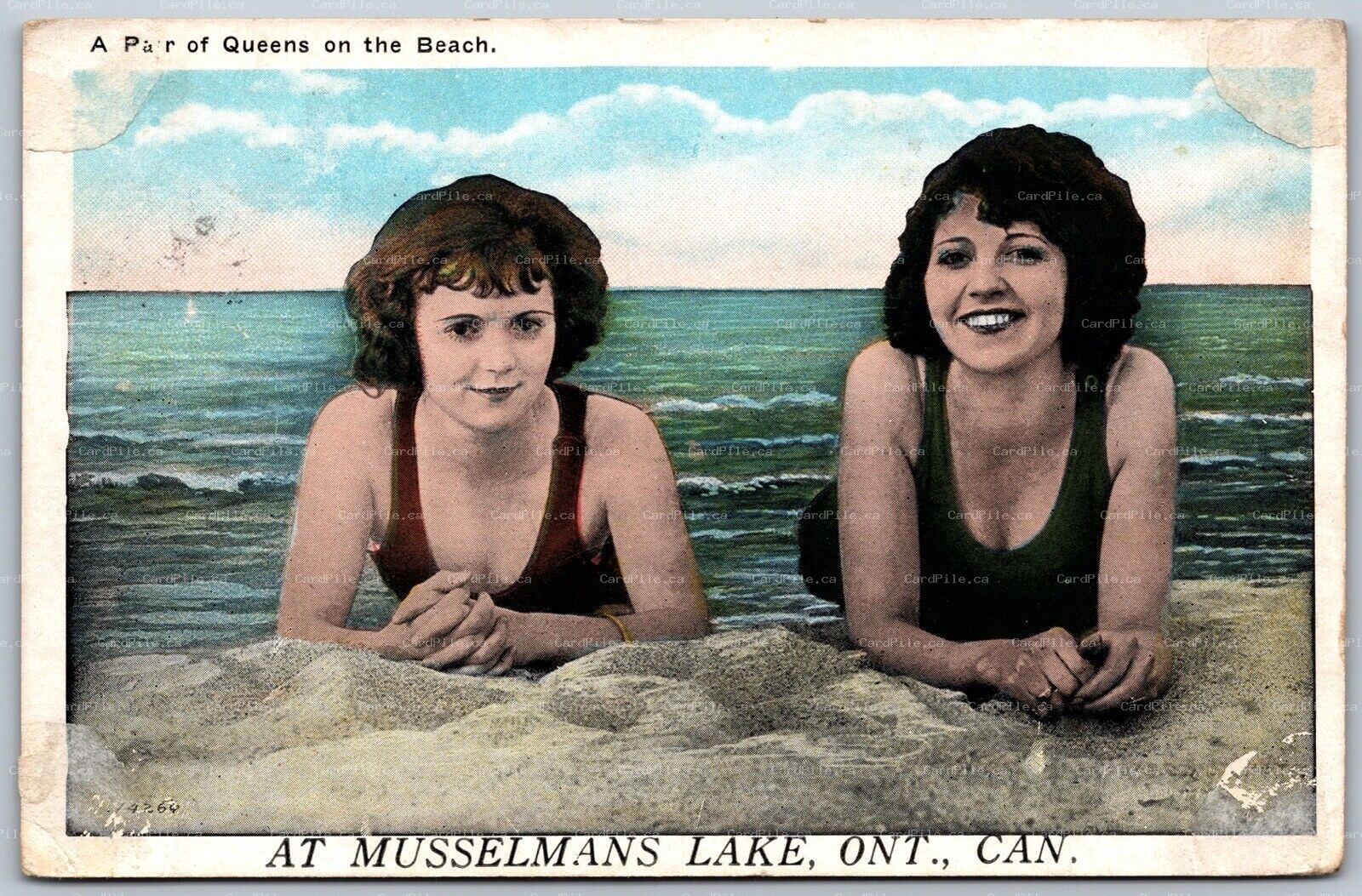 Postcard c1930s Musselmans Lake Ontario c1930s A Pair of Queens On The Beach