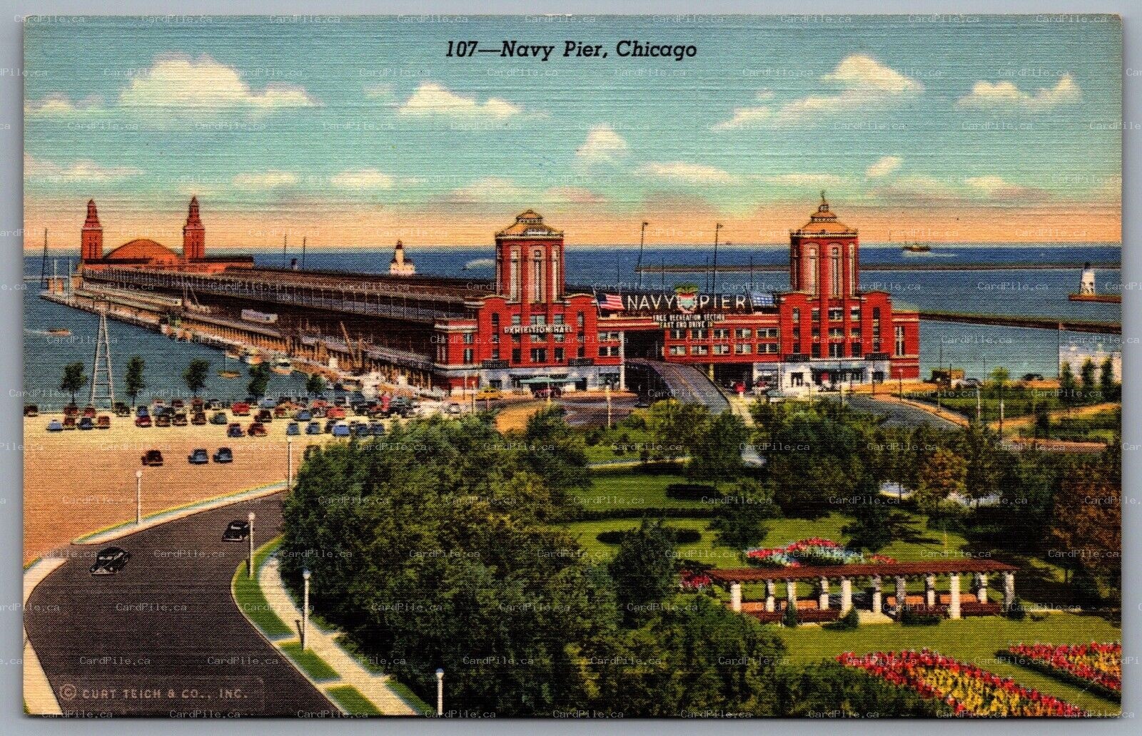 Postcard Chicago IL c1940s Navy Pier Old Cars Exhibition Hall Linen 