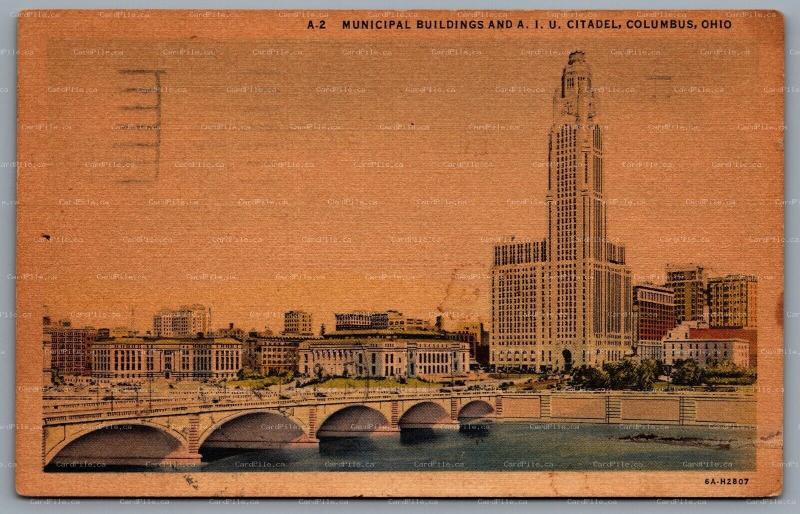 Postcard Columbus OH c1940 Municipal Buildings & A.I.U Citadel Broad St. Bridge