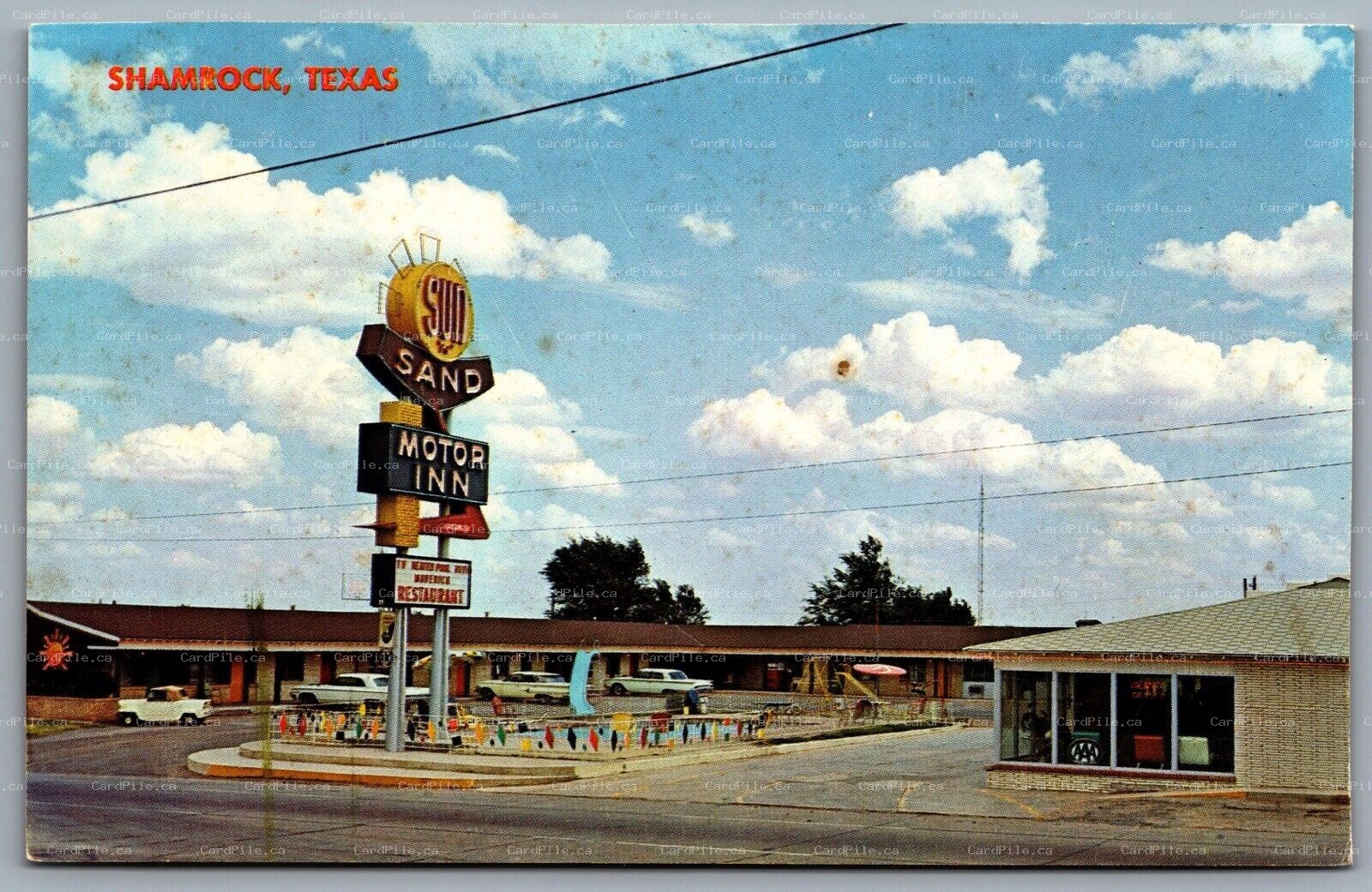 Postcard Shamrock TX c1967 Sun n Sand Motor Inn Route 66 Old Cars Swimming Pool
