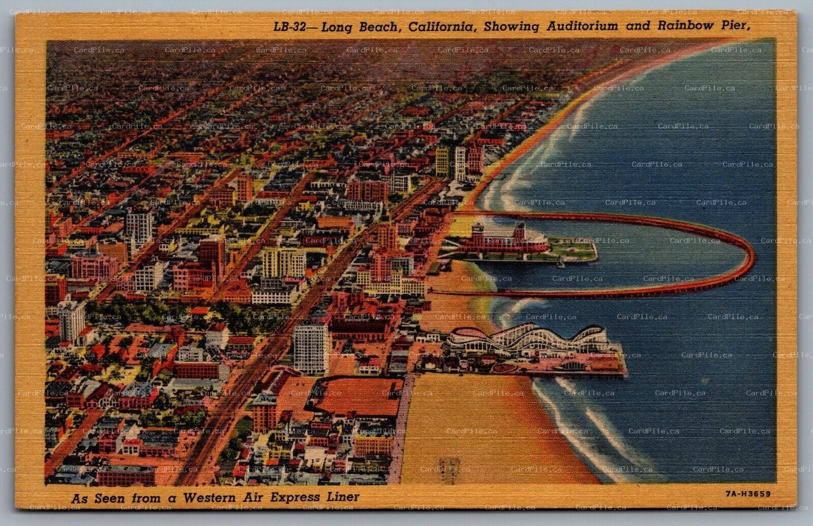 Postcard Long Beach CA Aerial View Showing Auditorium Rainbow Pier Western Air