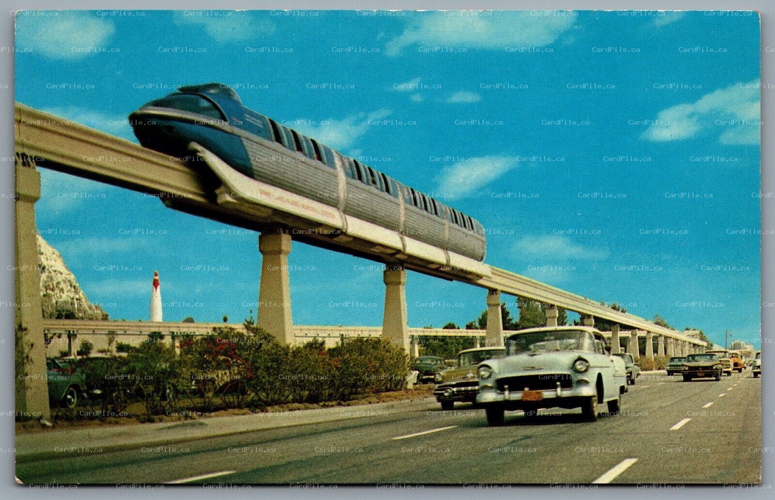 Postcard Anaheim CA c1959 Blue Alweg Monorail System Old Cars Harbor Blvd