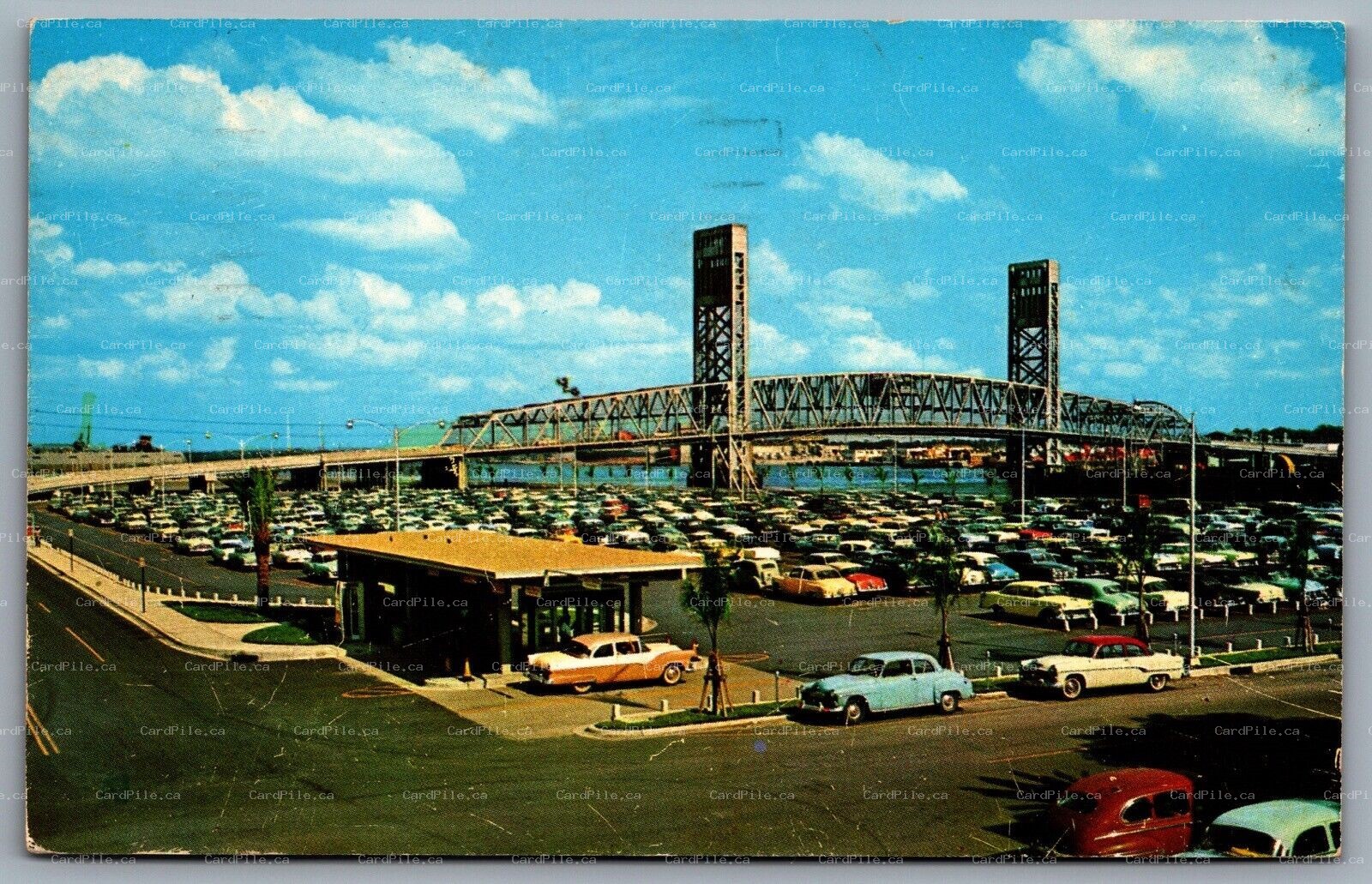 Postcard Jacksonville FL c1960s Municipal Parking Lot Old Cars Main St Bridge