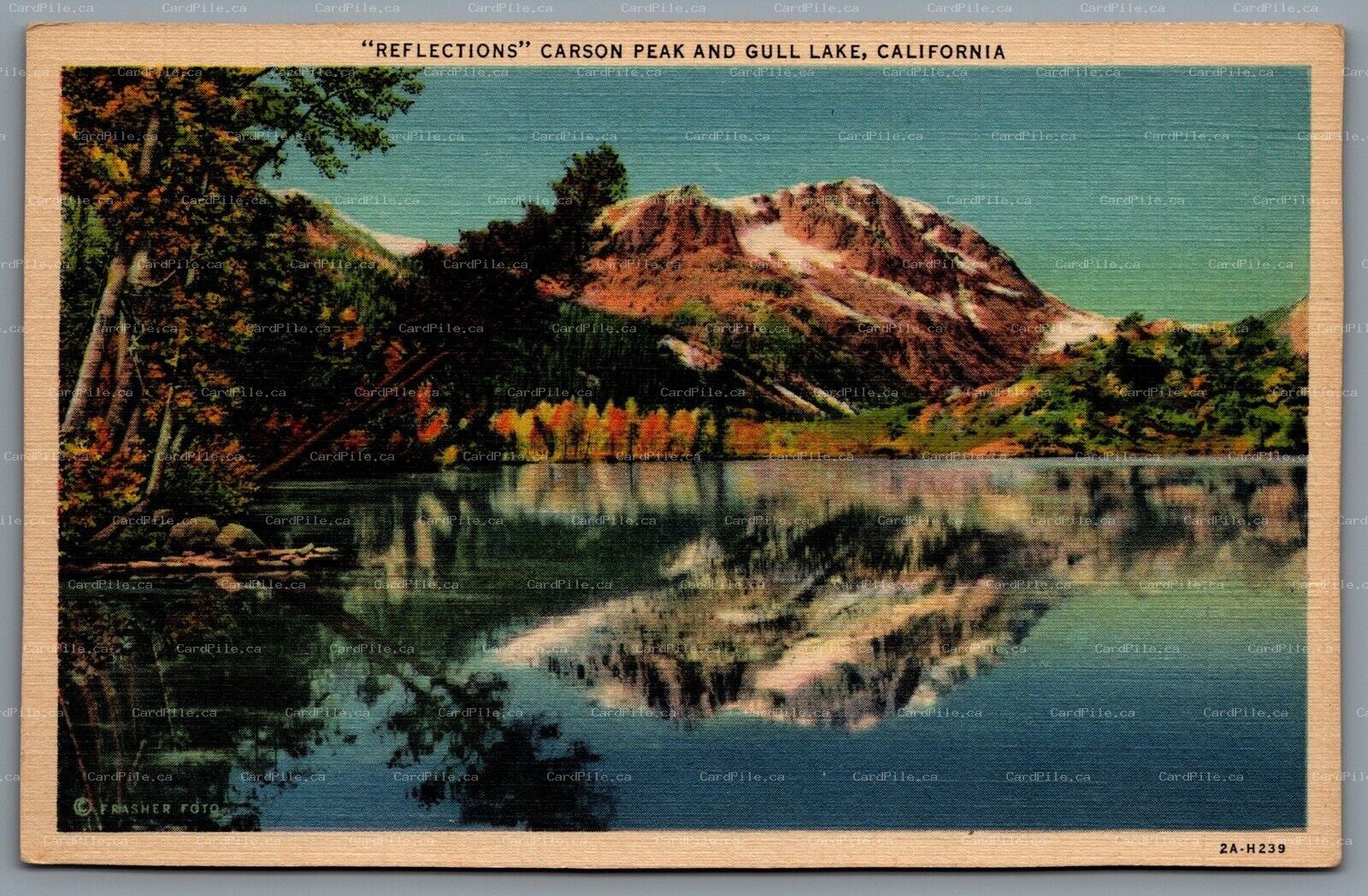Postcard Mono County CA c1932 Reflections Carson Peak and Gull Lake Linen