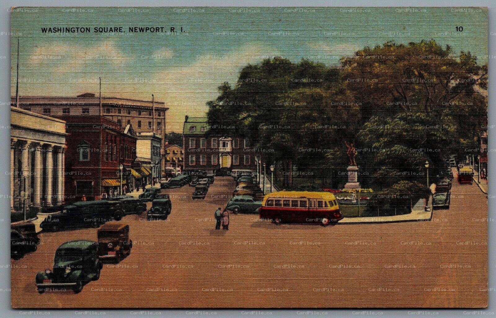 Postcard Newport RI c1945 Washington Square Old Cars Old Bus Street View