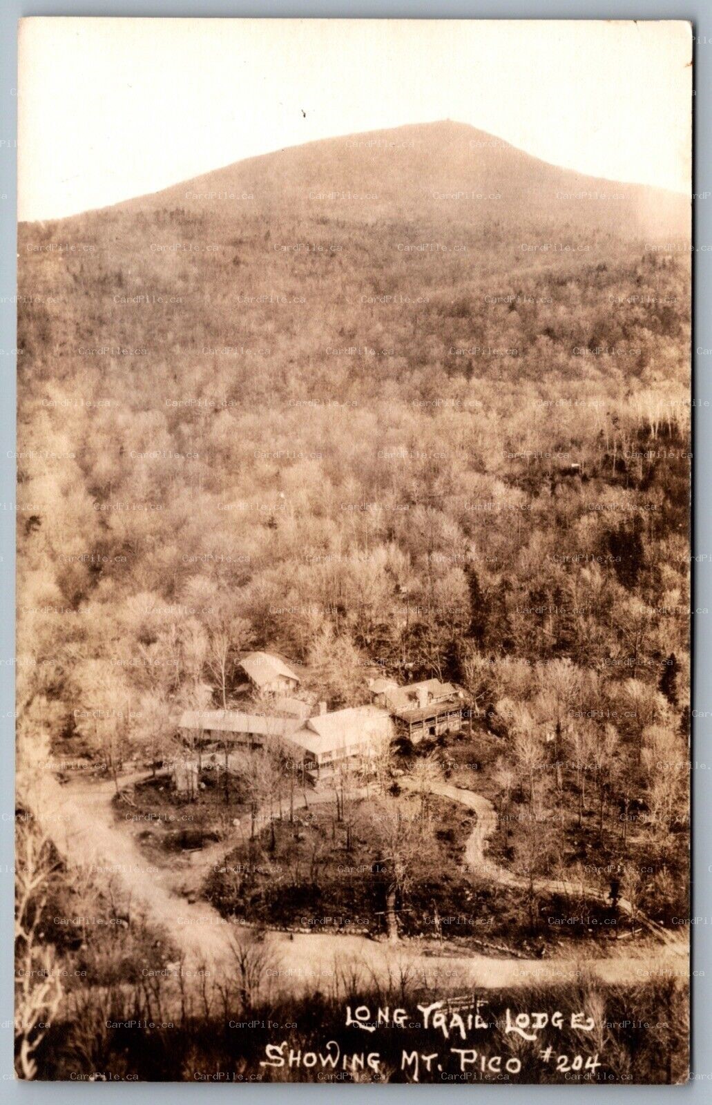 Postcard RPPC c1920s Vermont Long Trail Lodge Showing Mt. Pico Birds Eye view
